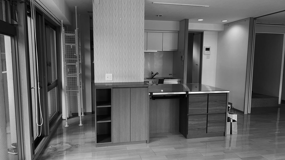 冷蔵庫を隠す壁で視界が一部遮られていました